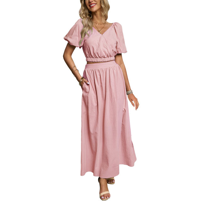 Pink V Neck Crop Top and Pocket Skirt Set TQX711102-10