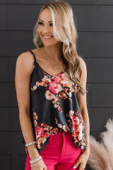 Black Floral Print Adjustable Spaghetti Strap V Neck Tank Top LC2568497-2