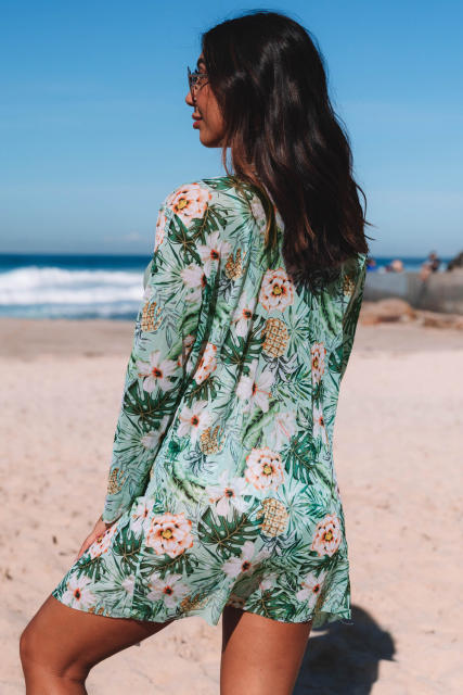 Green 3pcs Tropical Print Twist Bikini with Kimono LC481339-9