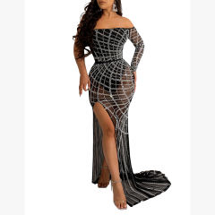 Black Off Shoulder Mesh Rhinestone High Split Maxi Dress TQK311550-2