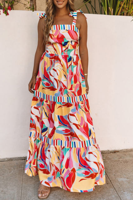 Multicolor Abstract Print Striped Trim Maxi Sundress LC6112858-22