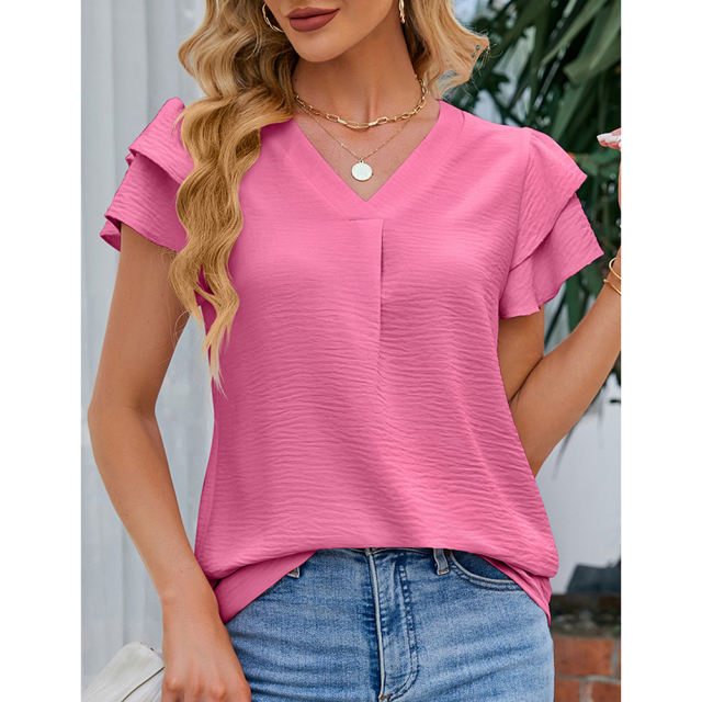 Dark pink Chiffon V-neck Ruffled Short Sleeve Top TQG22001-73