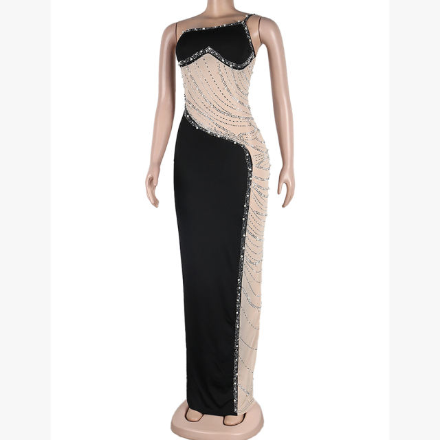 Black Rhinestone Pearl Mesh One-shoulder Maxi Dress TQK311552-2