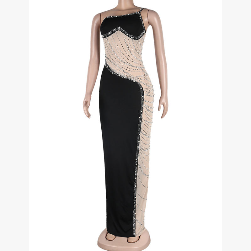 Black Rhinestone Pearl Mesh One-shoulder Maxi Dress TQK311552-2