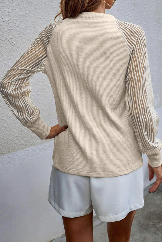 Apricot Striped Mesh Long Sleeve Crewneck Ribbed Top LC25122519-18