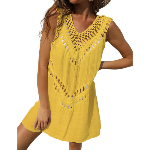 Yellow Splicing Crochet V Neck Sleevelss Beach Cover Dress TQK650099-7