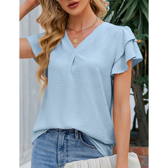 Light blue Chiffon V-neck Ruffled Short Sleeve Top TQG22001-30