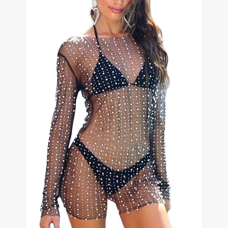 Black Sheer Rhinestone Mesh Long Sleeve Beach Cover TQK311544-2