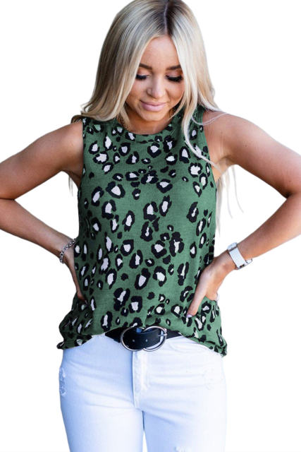 Green Leopard Print Crew Neck Tank Top LC2565188-9