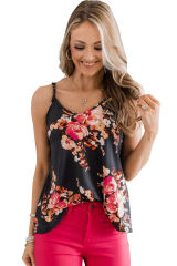 Black Floral Print Adjustable Spaghetti Strap V Neck Tank Top LC2568497-2