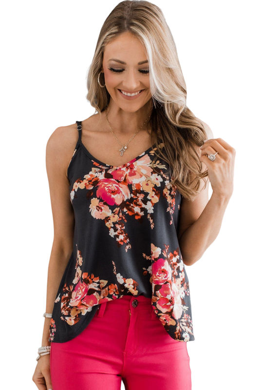 Black Floral Print Adjustable Spaghetti Strap V Neck Tank Top LC2568497-2