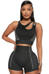 Black Strappy Mix Pattern Cutout Bra and Shorts Set LC2611500-2