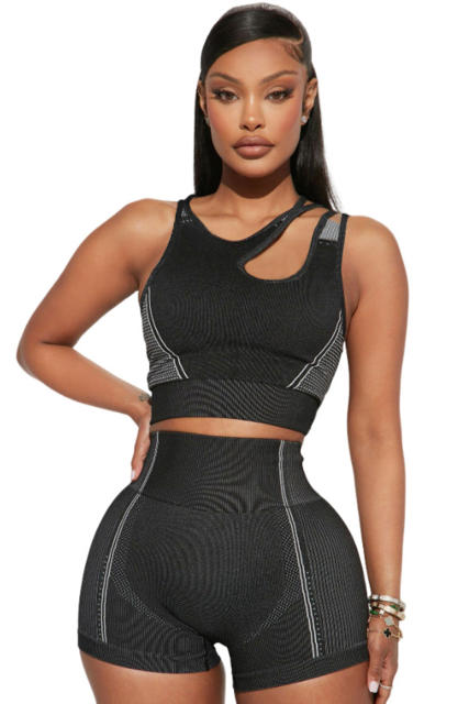 Black Strappy Mix Pattern Cutout Bra and Shorts Set LC2611500-2