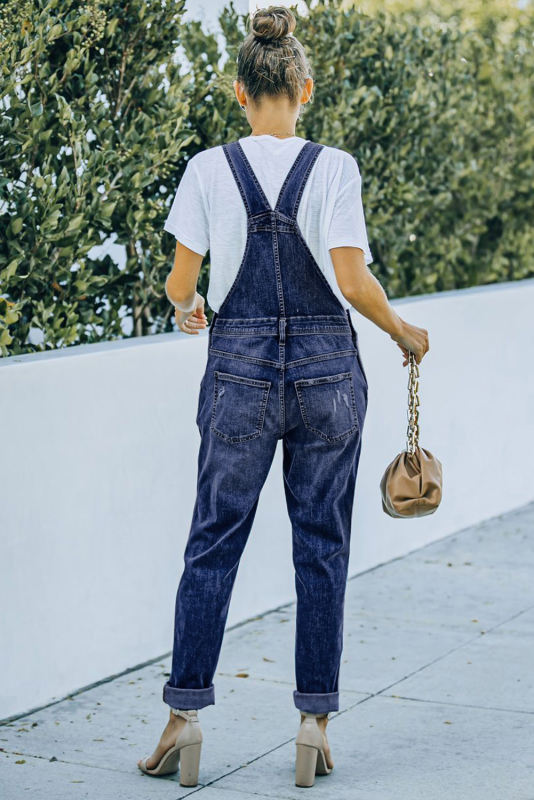 Blue Distressed Bib Denim Overalls LC783879-5