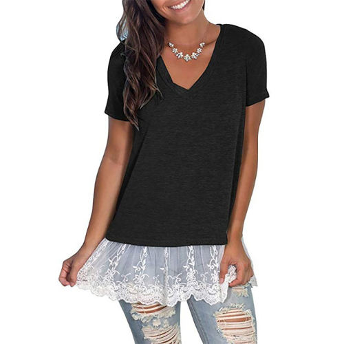 Black V Neck Lace Hem Tunic Tops TQK210090-2