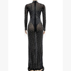 Black Rhinestone Mesh Long Sleeve Maxi Dress TQK311551-2