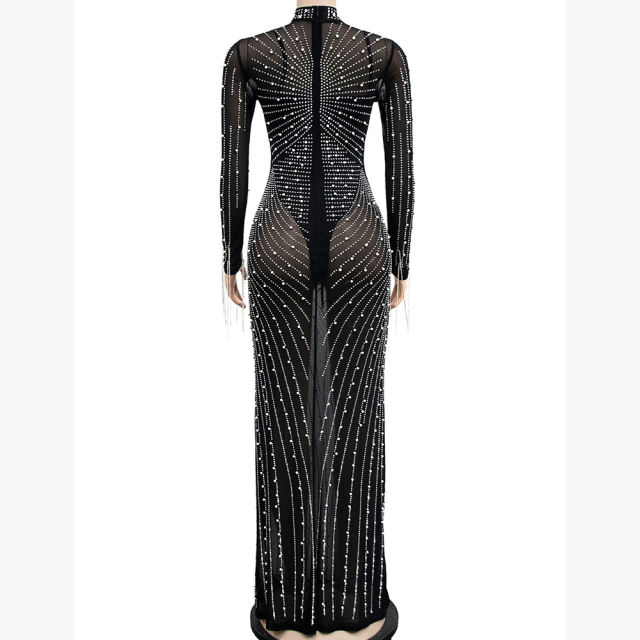 Black Rhinestone Mesh Long Sleeve Maxi Dress TQK311551-2