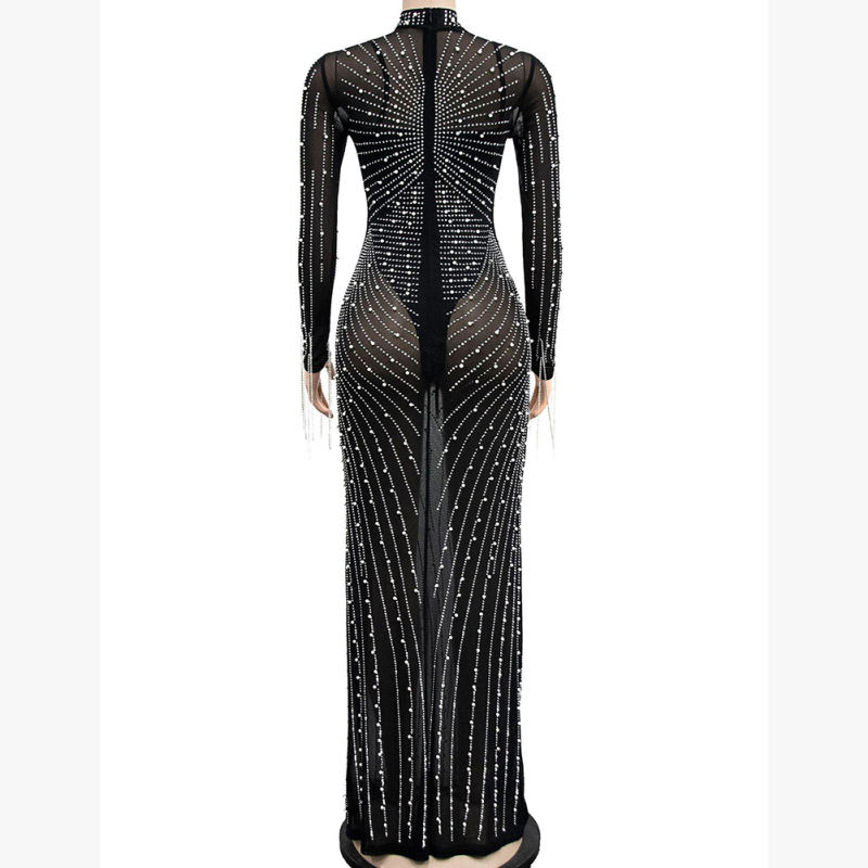 Black Rhinestone Mesh Long Sleeve Maxi Dress TQK311551-2