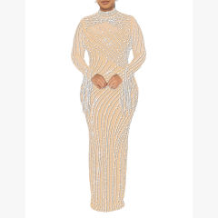 Apricot Rhinestone Mesh Long Sleeve Maxi Dress TQK311551-18