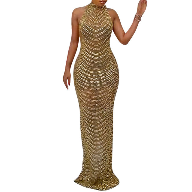 Gold Mesh Studded See Through Open Back Maxi Dress TQK311241-12