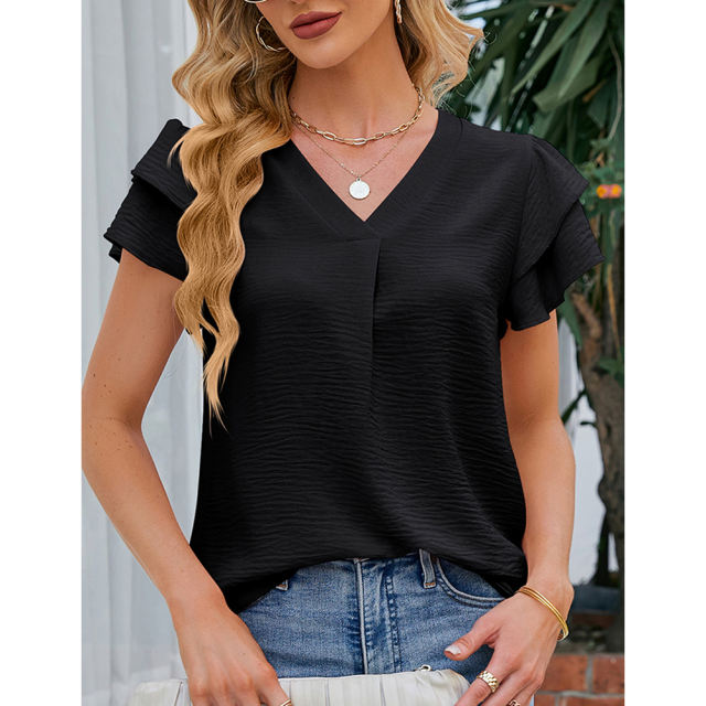 Black Chiffon V-neck Ruffled Short Sleeve Top TQG22001-2