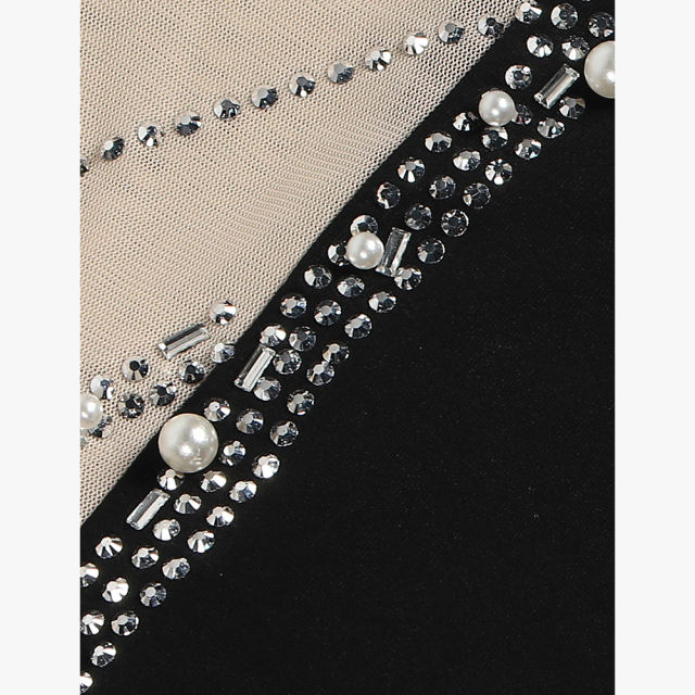 Black Rhinestone Pearl Mesh One-shoulder Maxi Dress TQK311552-2