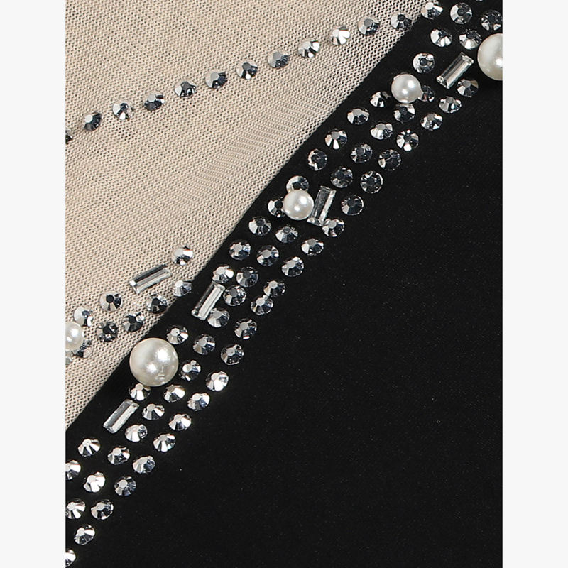 Black Rhinestone Pearl Mesh One-shoulder Maxi Dress TQK311552-2