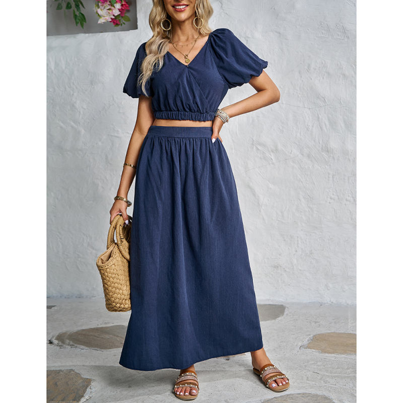 Navy Blue V Neck Crop Top and Pocket Skirt Set TQX711102-34