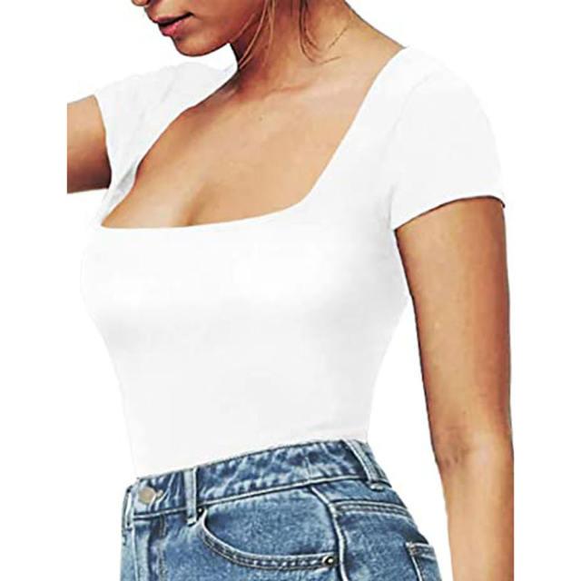 White Square Neck Short Sleeve Bodysuit TQX551134-1