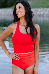 Red Scalloped Criss Cross High Waist Bikini LC433616-3