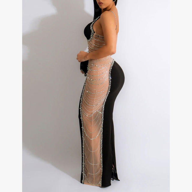 Black Rhinestone Pearl Mesh One-shoulder Maxi Dress TQK311552-2