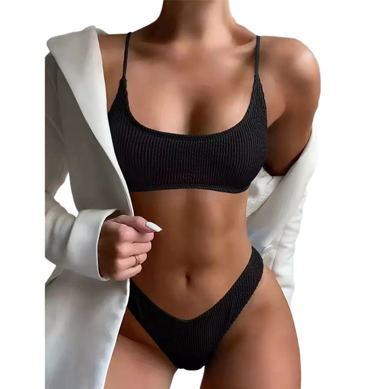 Black Solid Spaghetti Strap 2pcs Bikini Set TQK610285-2