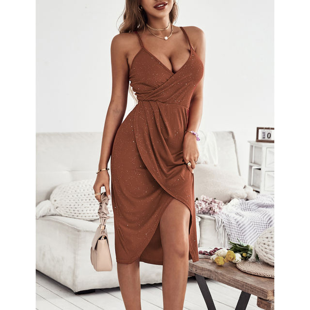 Brown Ribbed Spaghetti Straps V Neck Sparkling Bodycon Dress TQK311033-17