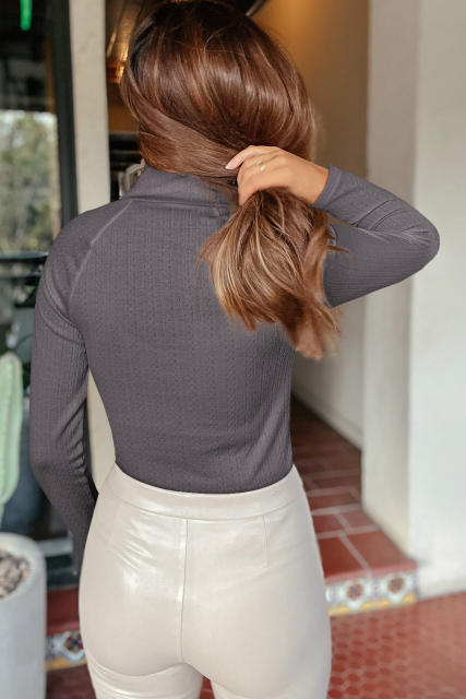 Gray Cut Out Mock Neck Long Sleeve Bodysuit LC6421517-11