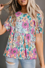 Multicolor Bohemian Flower Print Flowy Short Sleeve Top LC25220723-22