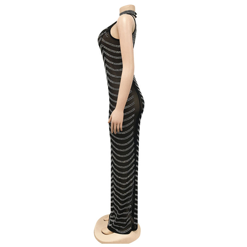 Black Mesh Studded See Through Open Back Maxi Dress TQK311241-2