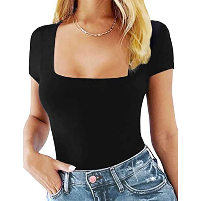 Black Square Neck Short Sleeve Bodysuit TQX551134-2