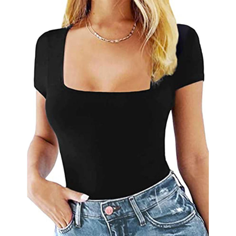 Black Square Neck Short Sleeve Bodysuit TQX551134-2