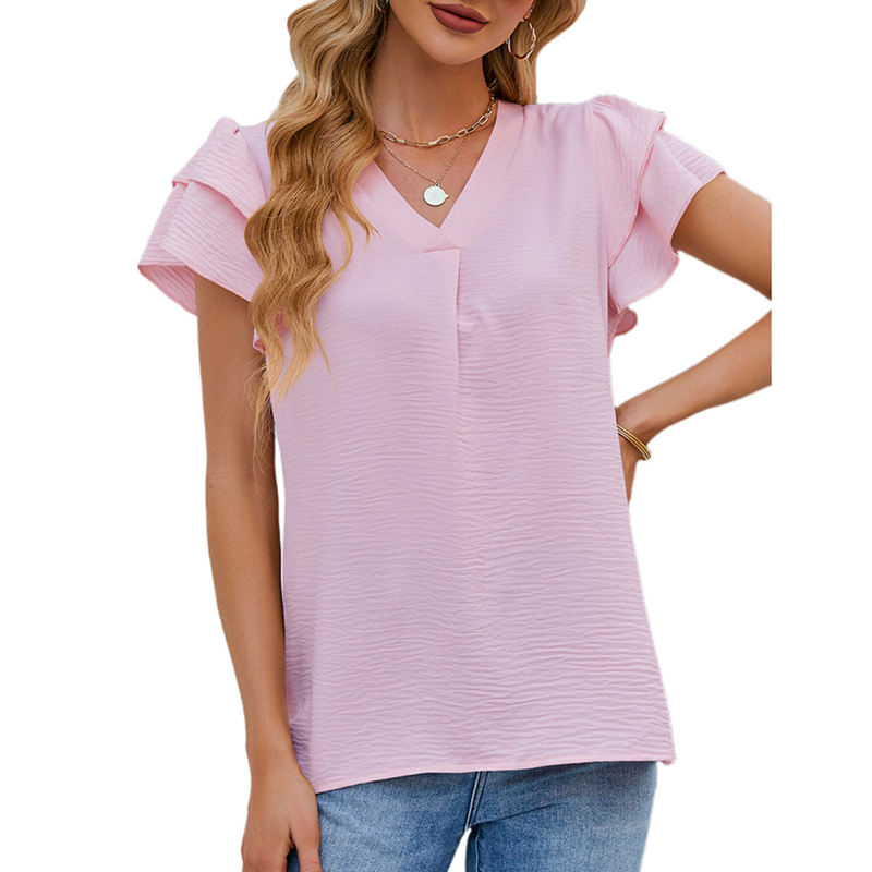 Light pink Chiffon V-neck Ruffled Short Sleeve Top TQG22001-39