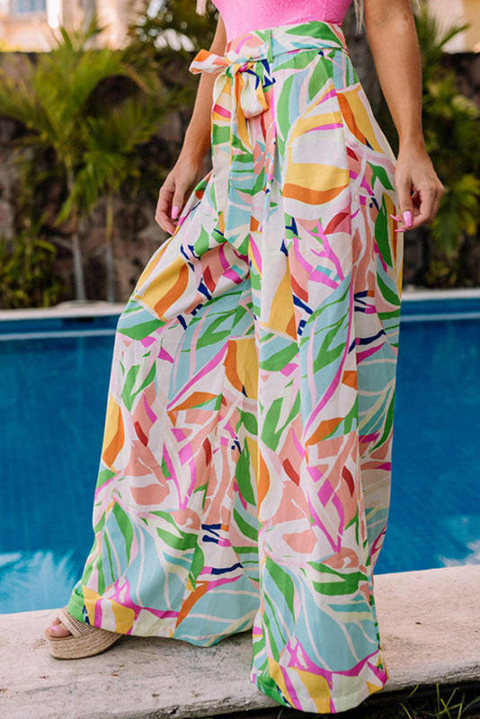 Multicolor Tropical Leafy Print Belted Wide Leg Pants LC7711746-22