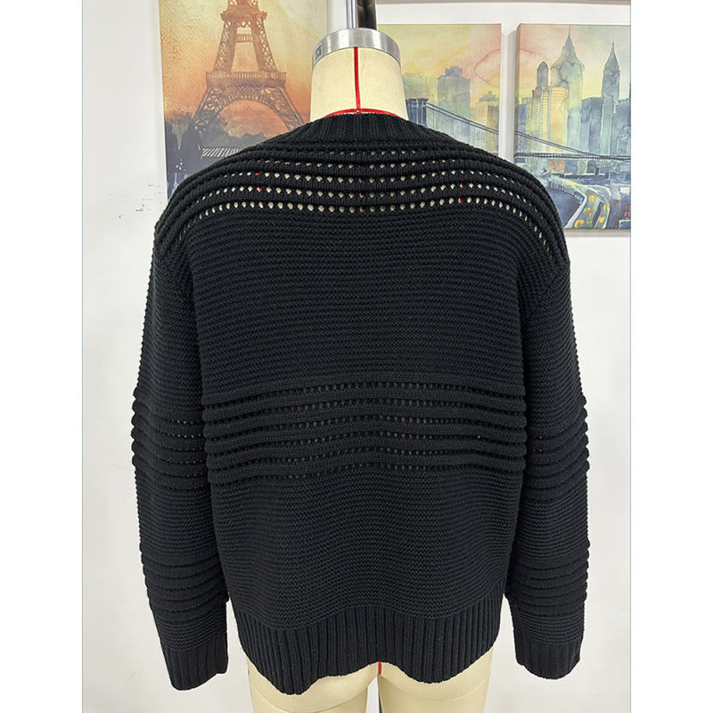Black Splicing Hollow-out Pullover Knit Sweater TQH270089-2