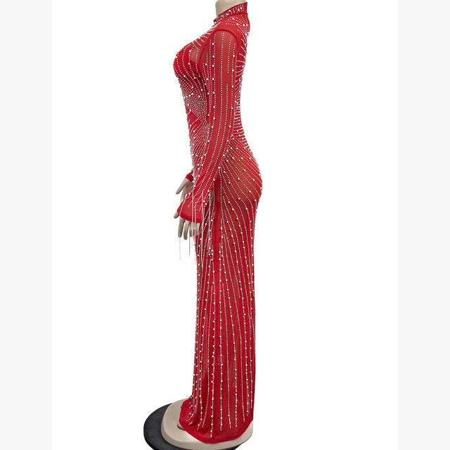 Red Rhinestone Mesh Long Sleeve Maxi Dress TQK311551-3