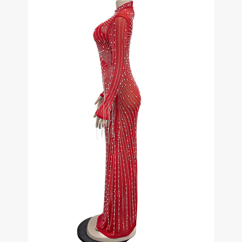 Red Rhinestone Mesh Long Sleeve Maxi Dress TQK311551-3
