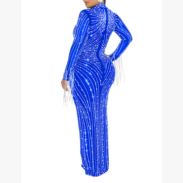 Blue Rhinestone Mesh Long Sleeve Maxi Dress TQK311551-5