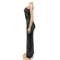 Black Rhinestone High Split Single Sling Dress TQK310857-2
