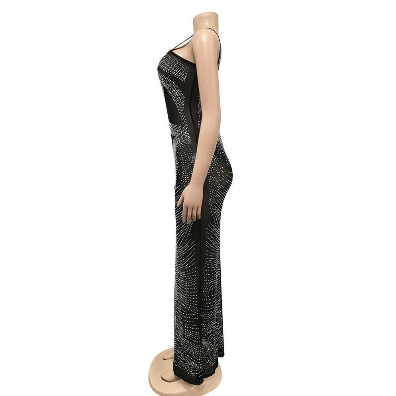 Black Rhinestone High Split Single Sling Dress TQK310857-2