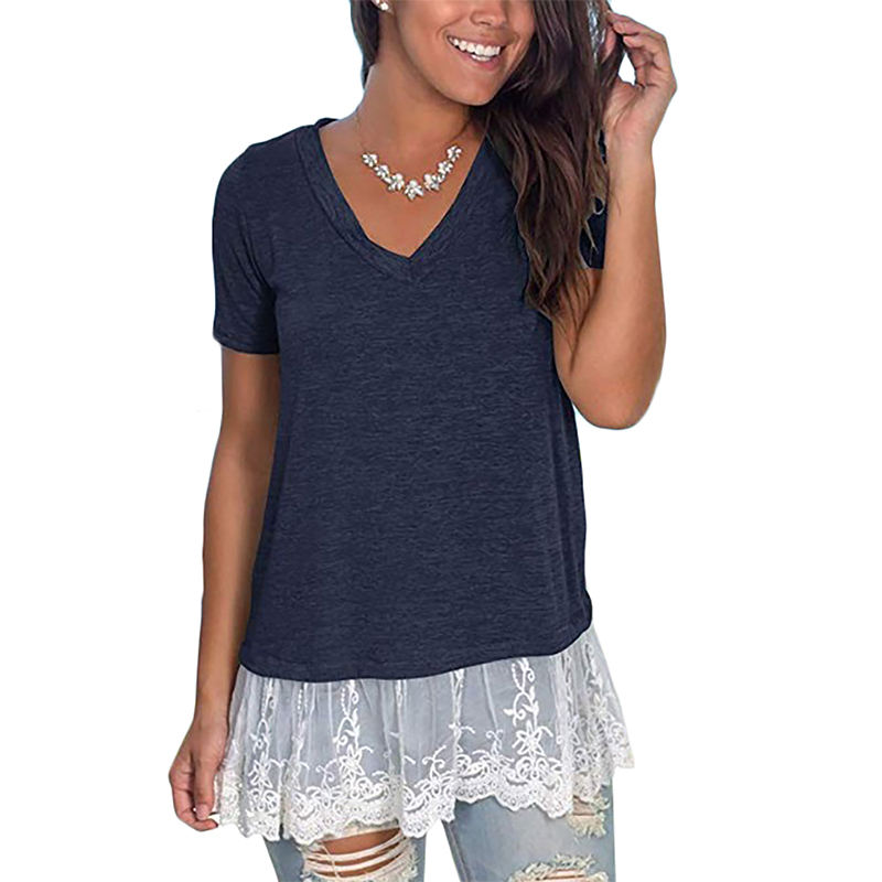 Navy Blue V Neck Lace Hem Tunic Tops TQK210090-34