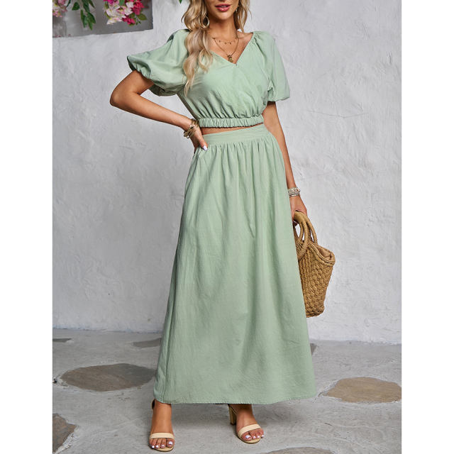 Pea Green V Neck Crop Top and Pocket Skirt Set TQX711102-64
