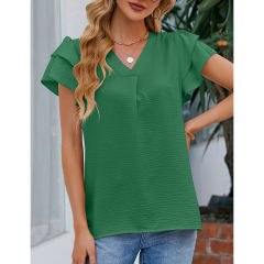 Green Chiffon V-neck Ruffled Short Sleeve Top TQG22001-9