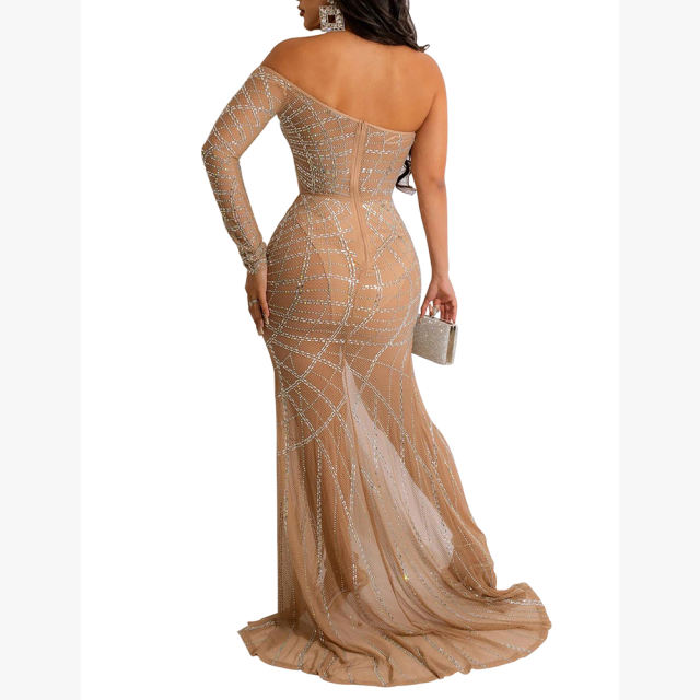 Apricot Off Shoulder Mesh Rhinestone High Split Maxi Dress TQK311550-18